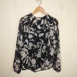 Ann Taylor Floral Metallic Blouse Top Sheer Sleeve Chiffon